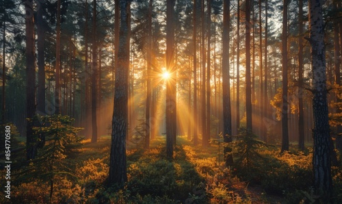 Sunlight streaming through tall trees