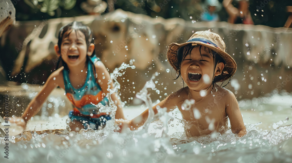 Obraz premium happy Kids playing safely in river with water splash.