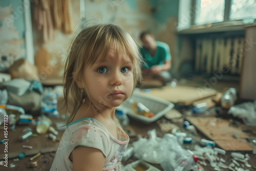 Little girl with sad look looks camera while in dirty apartment. Parents who are drug addicts. Concept of drug addiction, alcoholism and problem families. Deprivation of parental rights