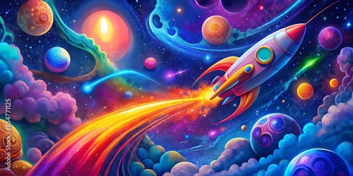 Colorful Whimsical Outer Space Rocket Illustration