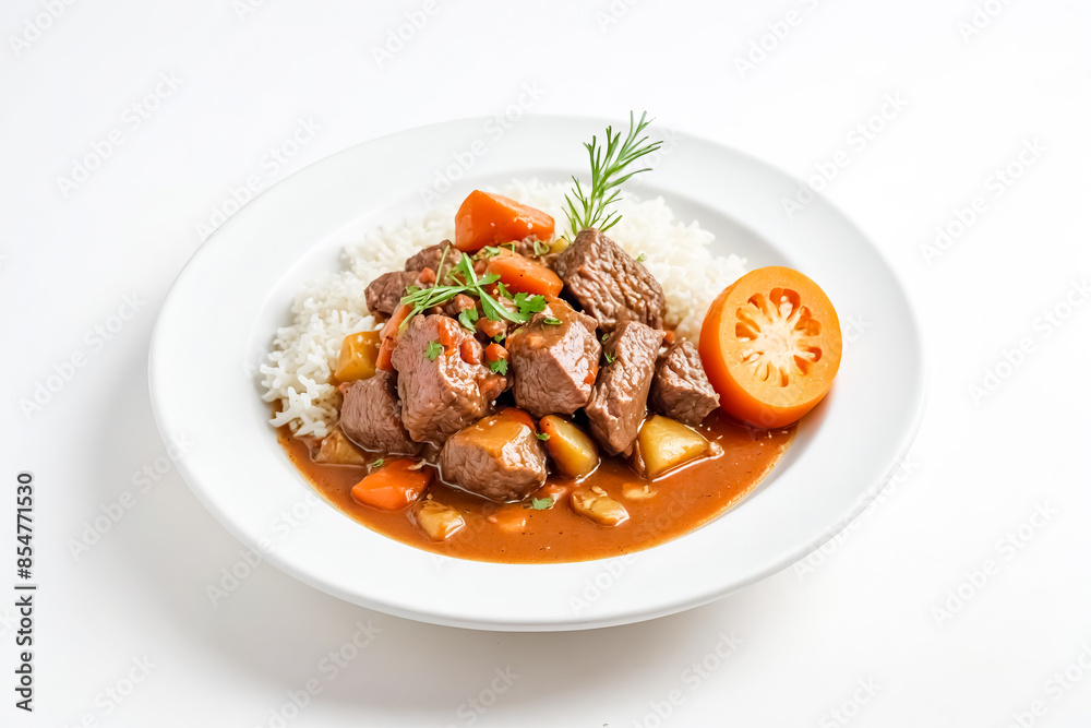 Beef Stew with Rice and Vegetables on White Plate Beef Stew with Rice and Vegetables on White Plate