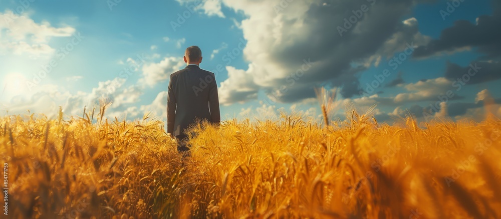 Man in a suit standing in a golden wheat field under a blue sky with ...