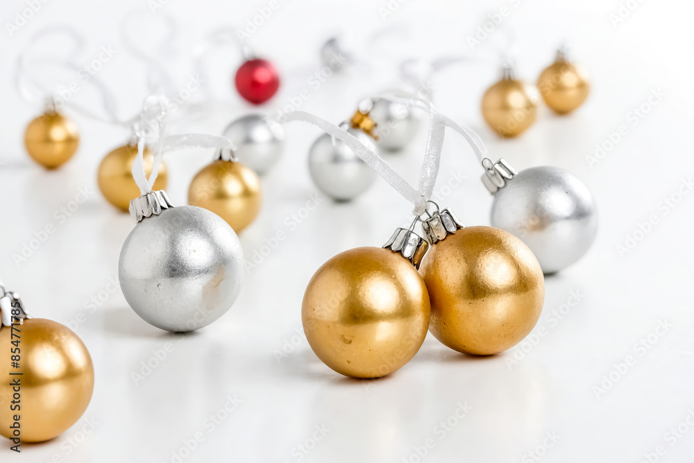 Golden and silver christmas baubles on a white background Golden and silver christmas baubles on a white background