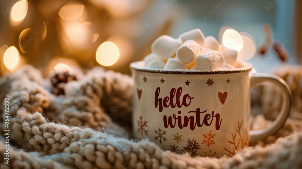 White cocoa and marshmallow mug with text “hello winter” on bokeh background. Cozy winter concept. Winter background White cocoa and marshmallow mug with text “hello winter” on bokeh background. Cozy winter concept. Winter background