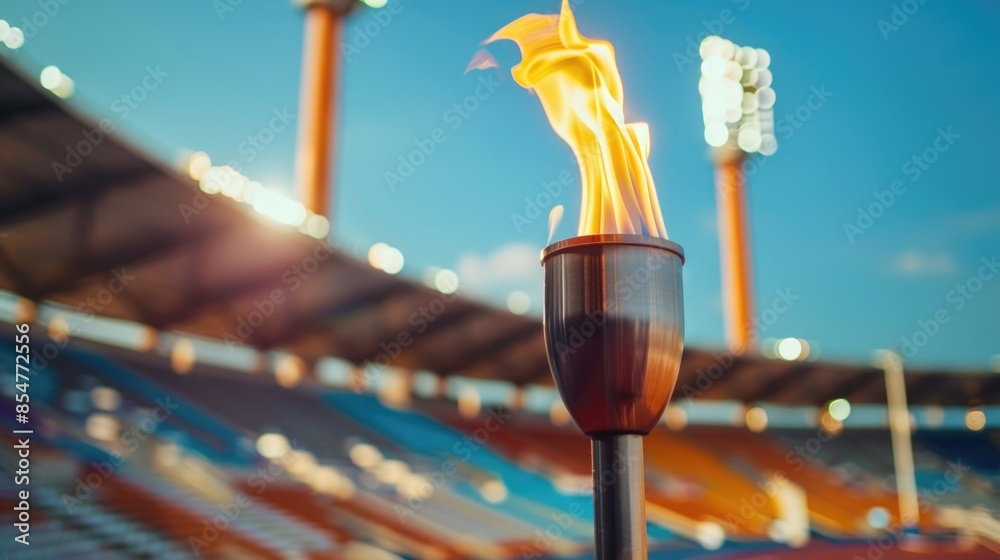 Naklejka premium Olympic torch burning in front of an empty stadium