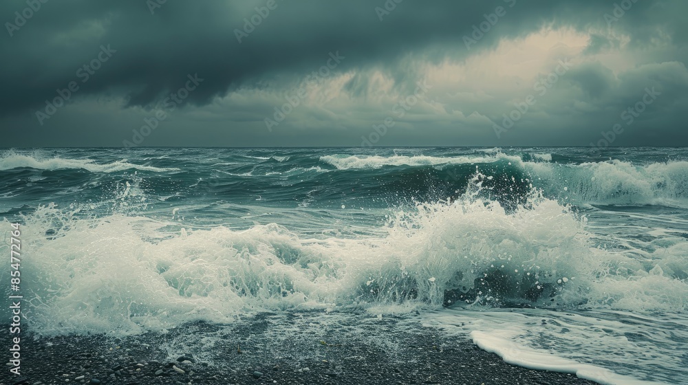 Obraz premium Stormy sea with wild waves crashing on the shore
