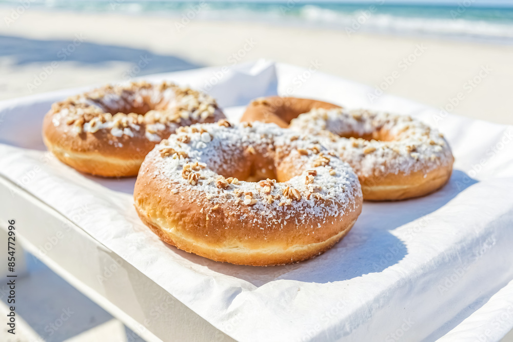 Three Glazed Donuts with Nuts on White Tray on Beach Three Glazed Donuts with Nuts on White Tray on Beach