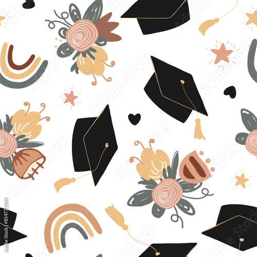 Cute graduation caps, rainbows, and flower bouquets seamless pattern. Mortarboard, high education and graduation doodle background. Vector illustration.