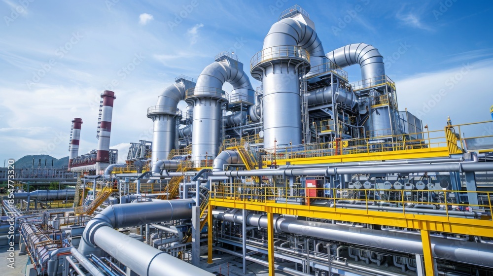 A wide shot of a large industrial plant with multiple tall towers and an extensive network of pipes. The plant is made of steel and is surrounded by a blue sky.