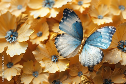 3d art wallpaper. blue, turquoise, and gray leaves, feathers, and golden in drawing a light background