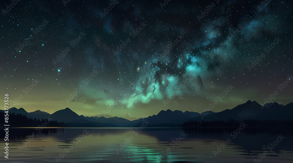 Depict a tranquil mountain lake with holographic waves gently rippling across the water's surface under a starry night sky. Depict a tranquil mountain lake with holographic waves gently rippling across the water's surface under a starry night sky.