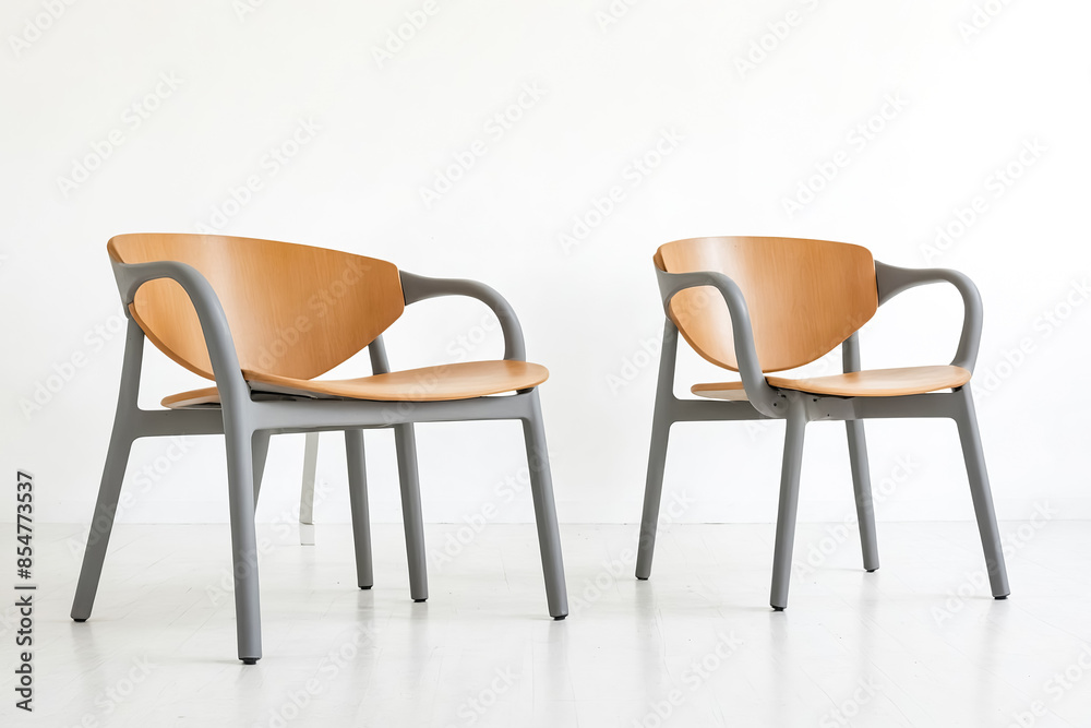 Obraz premium Two modern chairs with wooden seats and grey legs on a white background