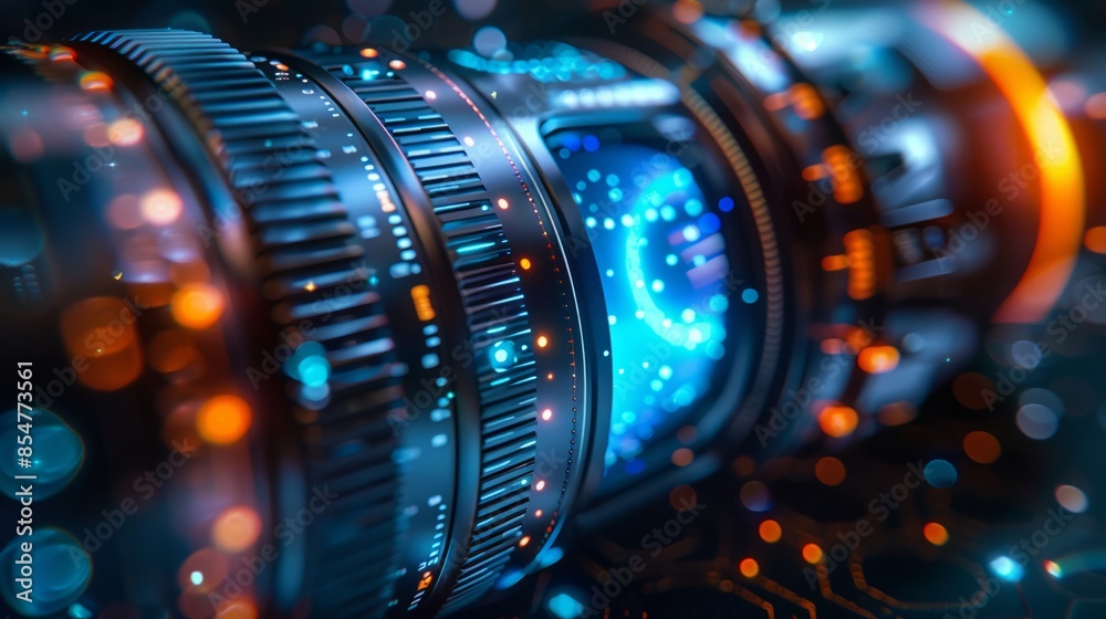 Futuristic Camera Lens with Bokeh Effect in Neon Blue and Orange Lighting Futuristic Camera Lens with Bokeh Effect in Neon Blue and Orange Lighting