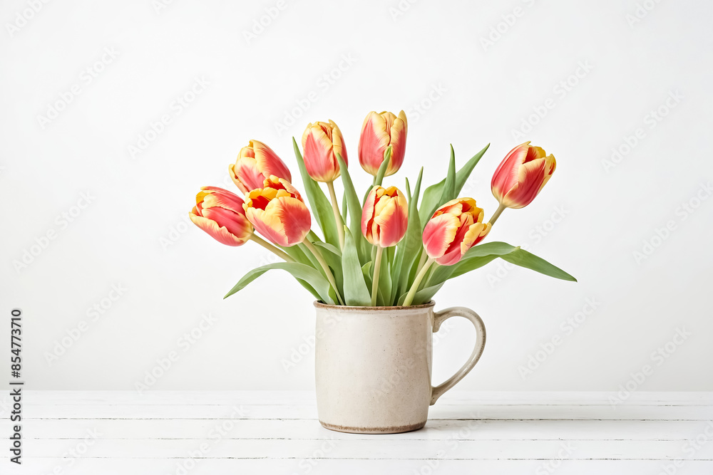 Bouquet of Yellow and Red Tulips in a White Mug Bouquet of Yellow and Red Tulips in a White Mug
