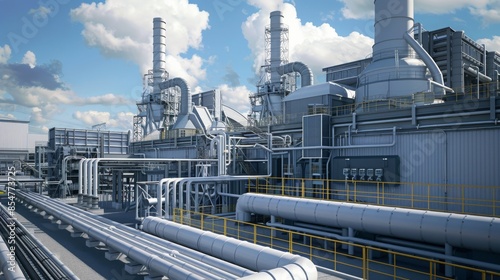 This is an image of an industrial plant with large pipes and a complex system of machinery. The image captures the scale and complexity of industrial operations.