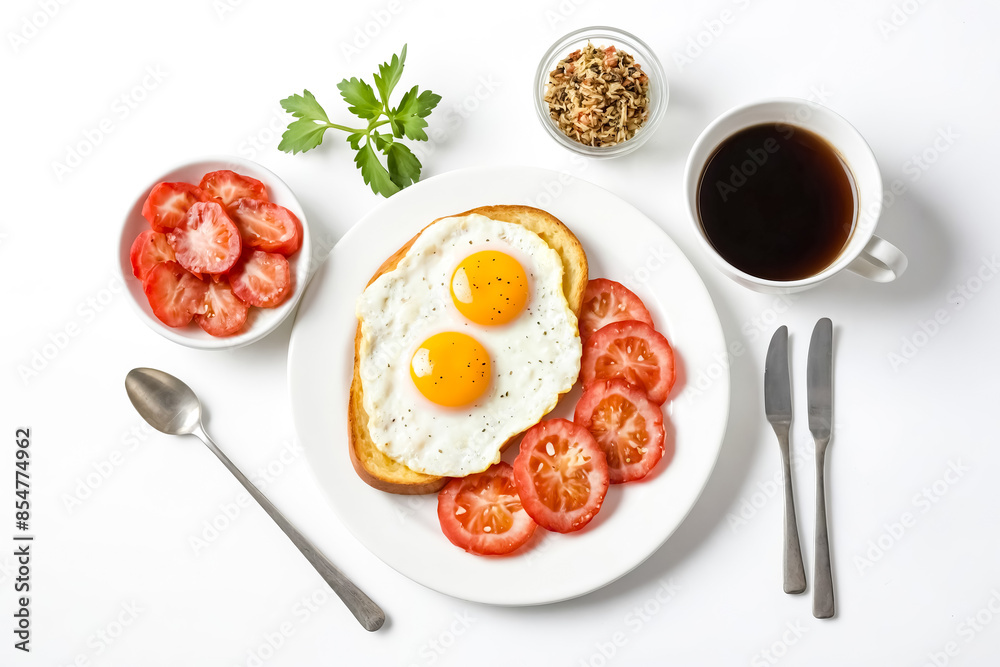 Top View of Fried Eggs on Toast with Tomatoes, Coffee, and Parsley Top View of Fried Eggs on Toast with Tomatoes, Coffee, and Parsley