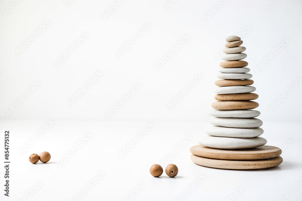 Stacked Stone Toy with Two Balls on a White Background Stacked Stone Toy with Two Balls on a White Background
