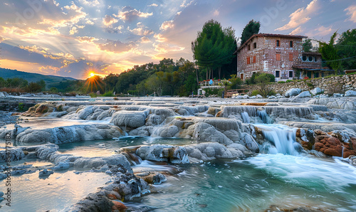 Thermal Springs of Saturnia at Sunset with Cascades and Historic Building in Scenic Natural Landscape