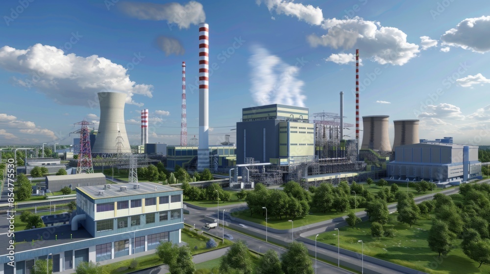 An aerial view of a large power plant complex with multiple cooling towers and tall chimneys, surrounded by trees and roads. An aerial view of a large power plant complex with multiple cooling towers and tall chimneys, surrounded by trees and roads.
