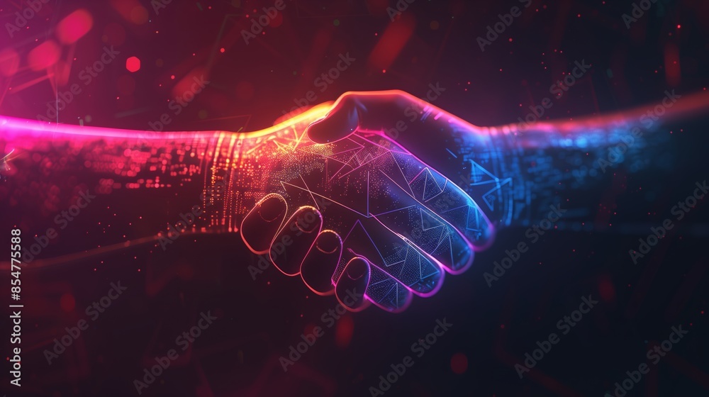 Holographic Digital Handshake Banner on Sleek Dark Background Holographic Digital Handshake Banner on Sleek Dark Background