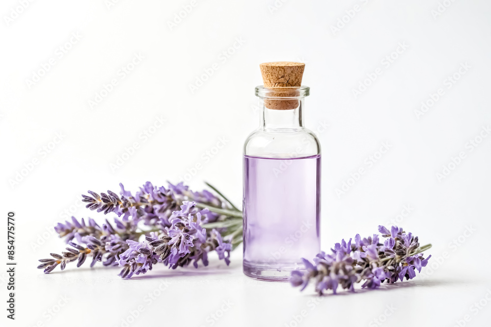 Lavender Essential Oil in a Glass Bottle with Flowers Lavender Essential Oil in a Glass Bottle with Flowers