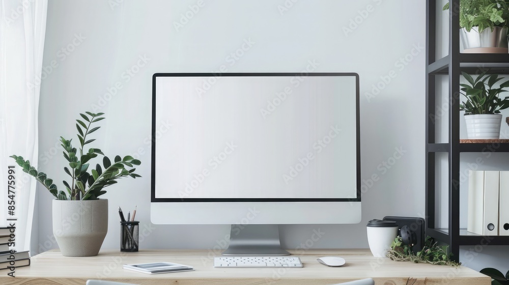 Close up Minimalistic workspace with computer modern designer desktop with blank computer screen, office equipment decorations on table. Mock up