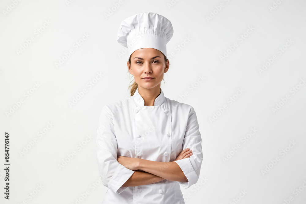 Female Chef in White Uniform with Arms Crossed Female Chef in White Uniform with Arms Crossed