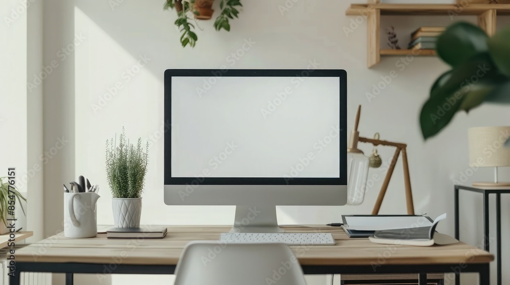 Close up Minimalistic workspace with computer modern designer desktop with blank computer screen, office equipment decorations on table. Mock up Close up Minimalistic workspace with computer modern designer desktop with blank computer screen, office equipment decorations on table. Mock up