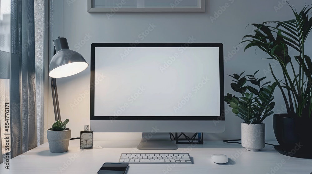 Close up Minimalistic workspace with computer modern designer desktop with blank computer screen, office equipment decorations on table. Mock up Close up Minimalistic workspace with computer modern designer desktop with blank computer screen, office equipment decorations on table. Mock up