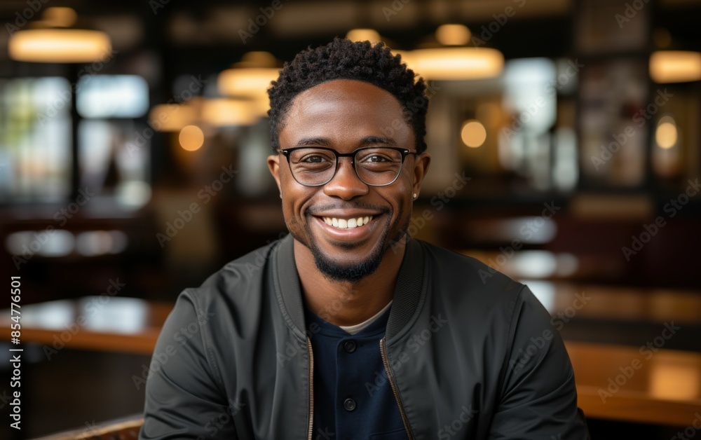 Obraz premium A man with glasses is smiling and sitting at a table