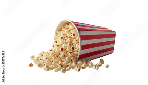 A red and white striped popcorn cup tipped over with popcorn spilling out on a transparent background photo