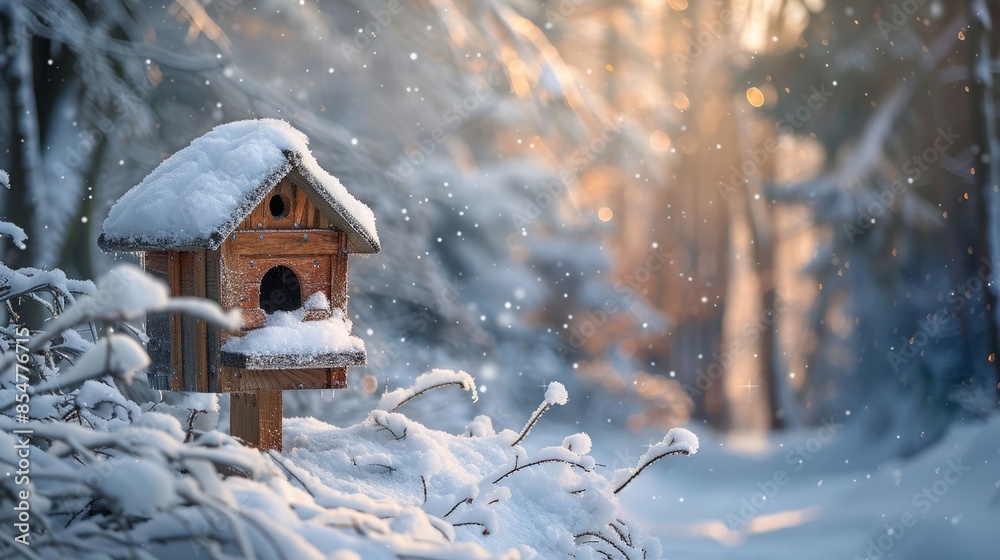 Wooden Birdhouse in a Snowy Winter Forest, Sunlight and Snowflakes Wooden Birdhouse in a Snowy Winter Forest, Sunlight and Snowflakes