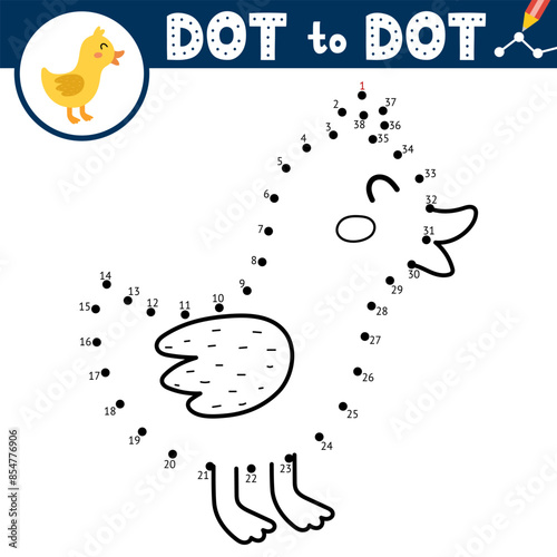 Dot to dot game for kids. Connect the dots and draw a cute duckling. Farm animal puzzle activity page with a funny chick. Vector illustration