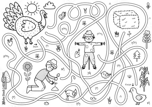 Help mother turkey to find a way to her baby poult. Farm maze black and white activity page for kids. Mini game for school and preschool in outline. Vector illustration