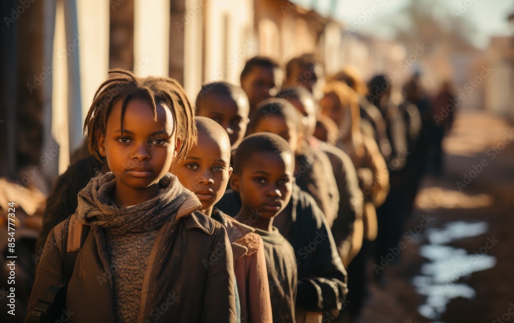 A group of children stand in a line, some wearing scarves A group of children stand in a line, some wearing scarves