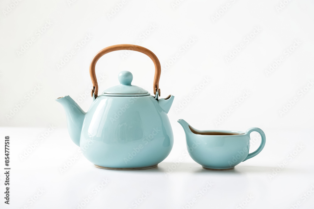 Blue Teapot and Creamer Set on White Background Blue Teapot and Creamer Set on White Background
