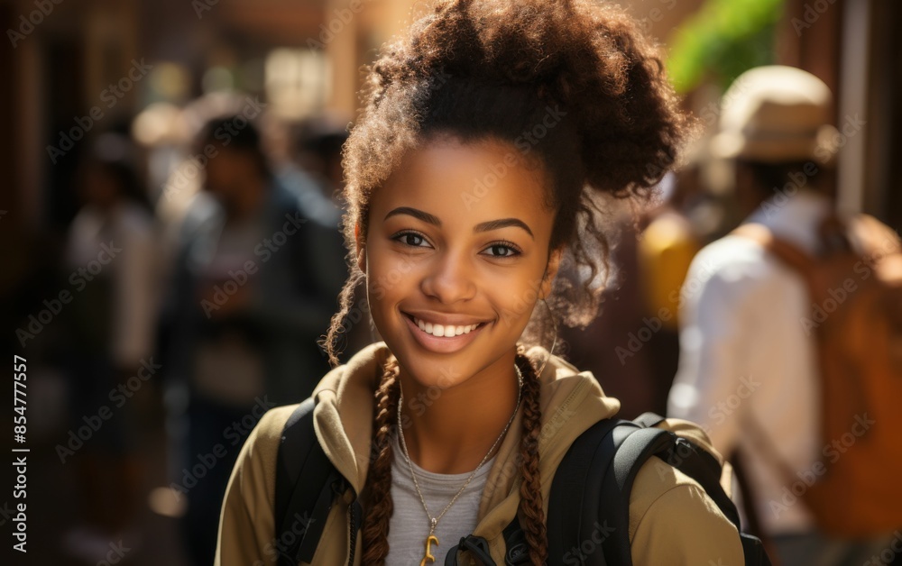 A young woman with a smile on her face is standing in a crowded area A young woman with a smile on her face is standing in a crowded area