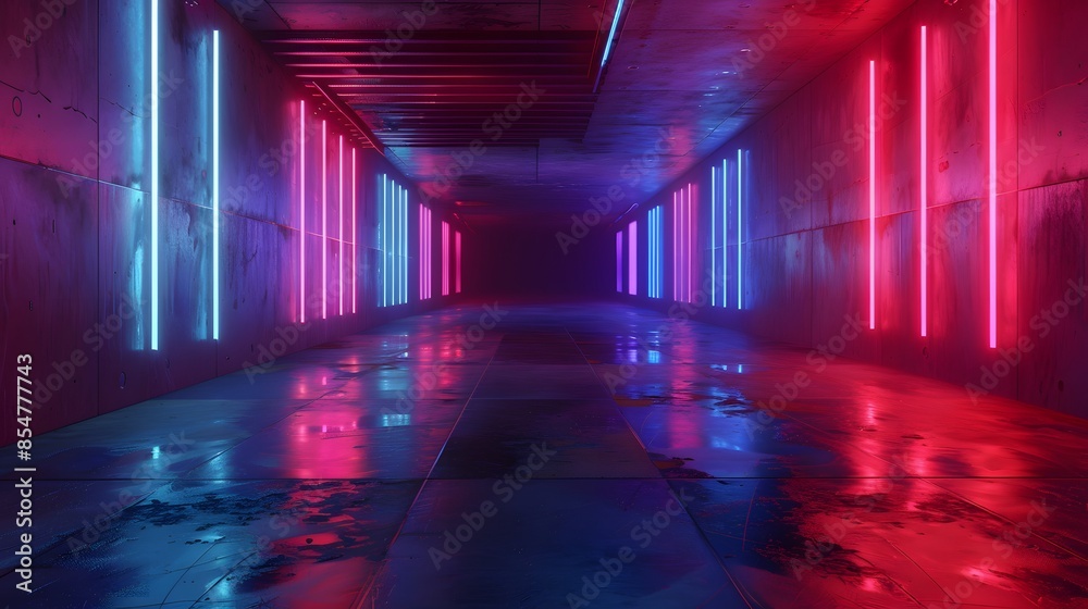 Abstract neon background with grungy concrete wall and floor, empty room interior design Abstract neon background with grungy concrete wall and floor, empty room interior design