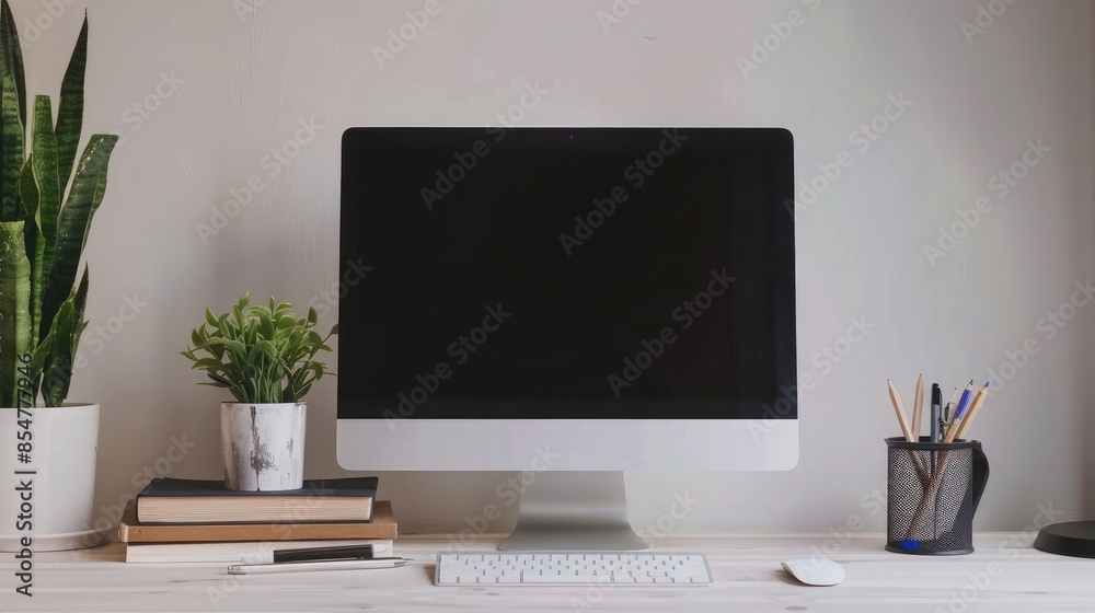 Close up Minimalistic workspace with computer modern designer desktop with blank computer screen, office equipment decorations on table. Mock up Close up Minimalistic workspace with computer modern designer desktop with blank computer screen, office equipment decorations on table. Mock up