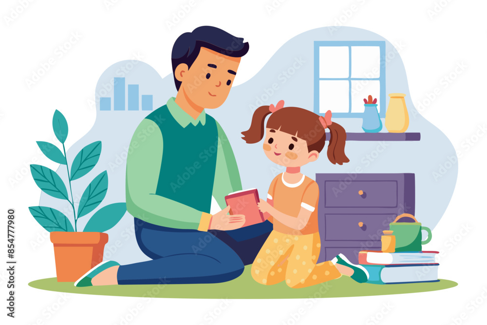 Bonding time - father and daughter enjoying time together at home white background modern flat design simple vector illustration isolated transparent background; Bonding time - father and daughter enjoying time together at home white background modern flat design simple vector illustration isolated transparent background;