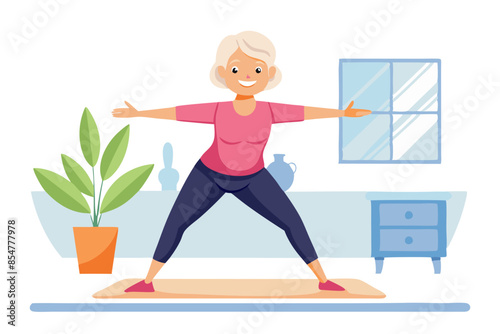Happy and healthy senior woman doing a cross arm stretch in a peaceful yoga session at home white background modern flat design simple vector illustration isolated transparent background;