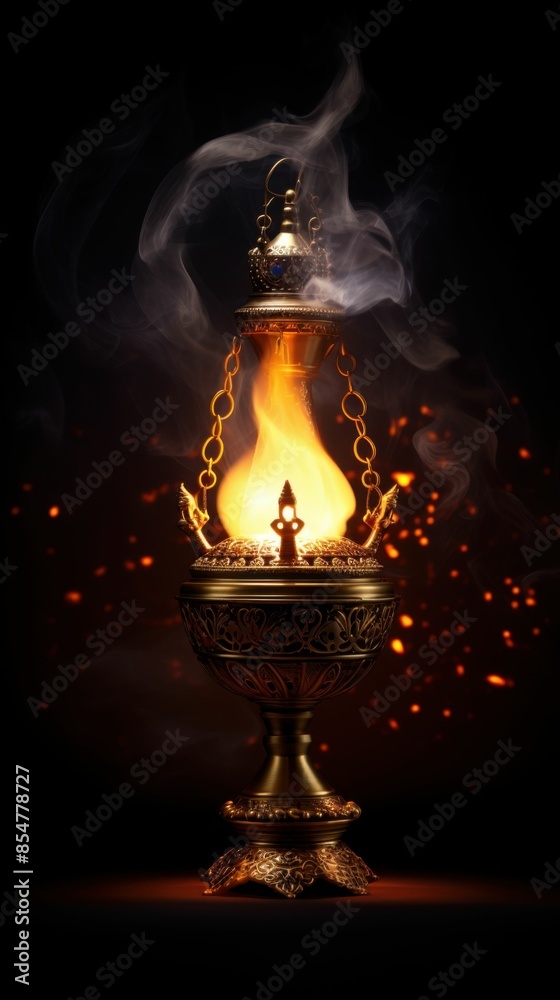 A gold lamp with a flame inside is lit in a dark room A gold lamp with a flame inside is lit in a dark room