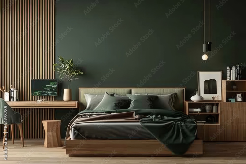 Small Minimalist Bedroom - Bed, Desk, Bookcase and Green Wall Small Minimalist Bedroom - Bed, Desk, Bookcase and Green Wall