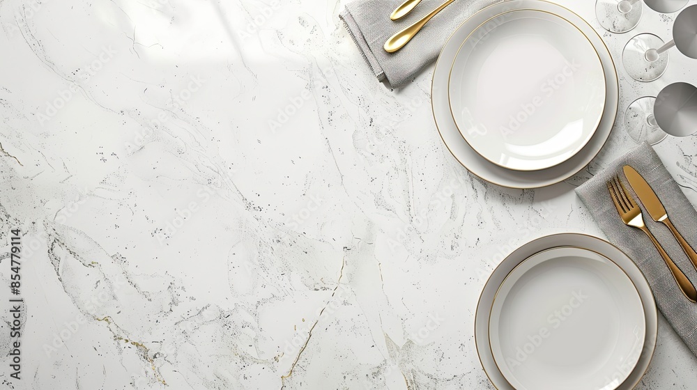 a modern table setting with white plates, elegant golden cutlery, and folded napkins on a grey concrete background, ideal for menu design templates in restaurants or cafes.