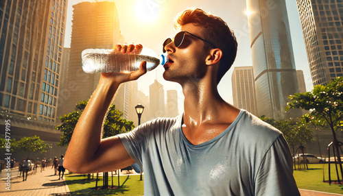 Young man drinking water thirsty and sweaty from hot weather.  Summer heat stroke, sunshine, hot weather day, high temperature in the city. photo