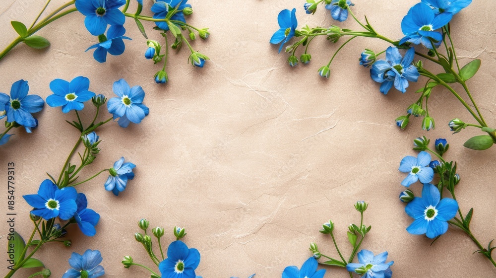 Forget me not flowers arranged in a circle on a postcard background with space for text symbolizing joy in spring and summer Forget me not flowers arranged in a circle on a postcard background with space for text symbolizing joy in spring and summer