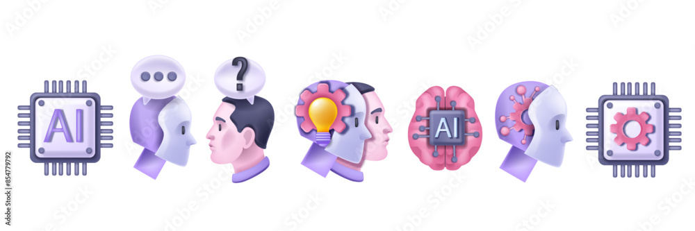 3D AI technology icon set innovation process artificial intelligence pictogram vector digital design. Generated art prompt, virtual bot science emblem, machine learning network concept. 3D AI clipart 3D AI technology icon set innovation process artificial intelligence pictogram vector digital design. Generated art prompt, virtual bot science emblem, machine learning network concept. 3D AI clipart
