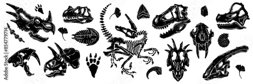 Dinosaur skeleton linocut print set, tattoo dino skull, vector prehistoric archaeology fossil icon. Jurassic reptile engraving sticker, triceratops silhouette, reptor head. Dinosaur skeleton woodcut
