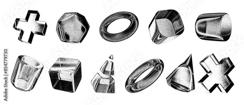 3D photocopy effect shape set, retro futuristic grunge object, abstract noise texture y2k element. Modern brutal bitmap grain icon, trendy halftone collage sticker collection. Photocopy shape, cross