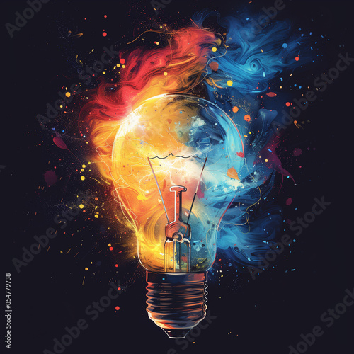 Creative light bulb explodes with colorful paint and splashes on a black background, watercolor style, creative illustration style, creative idea, think differently